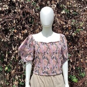 Free People Smocked Puff Sleeve Tie Back Crop Top